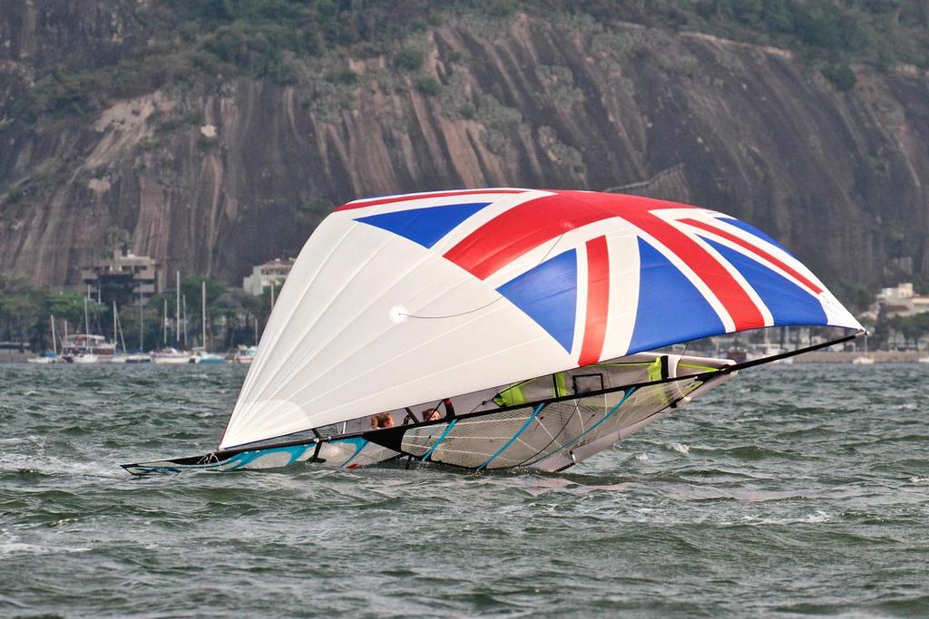 GBR gybes just before the gate - then their gennaker fills lifting the boat out of the water - 49erFX Medal race 2016 Olympics © Richard Gladwell www.photosport.co.nz